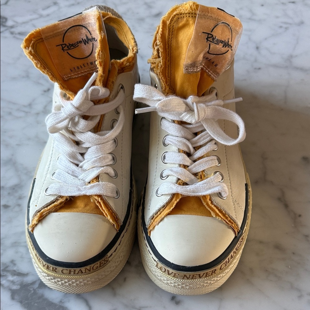 Rebecca White Streetwear Identity sneakers. Cream leather and marigold  trim 37